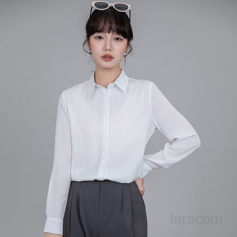 여성 새틴 스트라이프 셔츠 긴팔 드레이프 디자인 봄 여름용 캐주얼 데일리 블라우스 시원한 착용감 고급스러운 스타일 - 상세 이미지 2