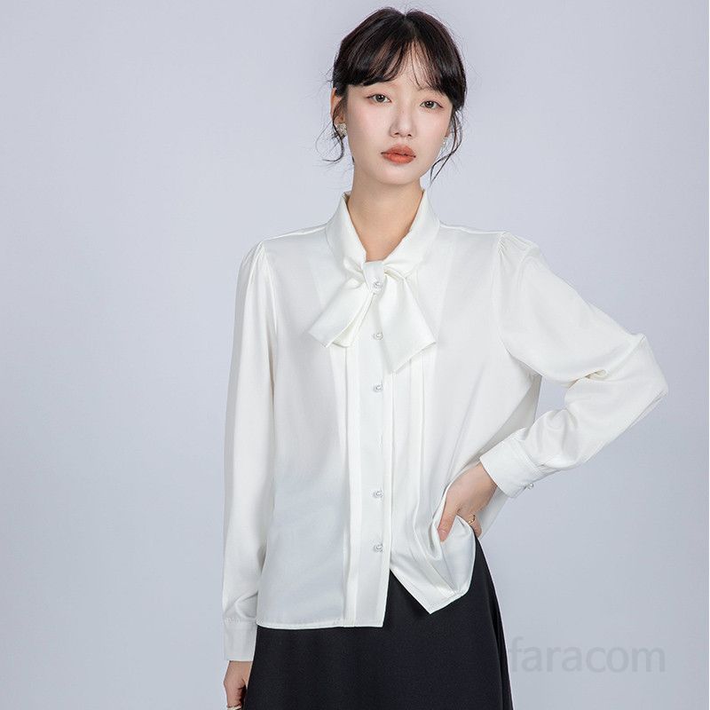 여성 리본 새틴 화이트 셔츠 우아한 봄여름 블라우스 데일리룩 인터뷰 오피스룩 통기성 좋은 편안한 착용감 시스루 스타일 매력적인 디자인 - 상세 이미지 5