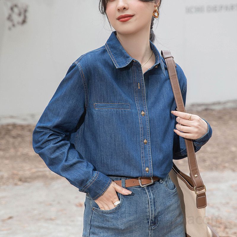 여성용 루즈핏 데님 셔츠 봄 가을 레이어드 스타일 롱슬리브 블라우스 캐주얼한 디자인 구김없는 착용감 편안한 일상 외출용 - 상세 이미지 5