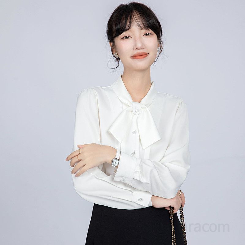 여성 리본 새틴 화이트 셔츠 우아한 봄여름 블라우스 데일리룩 인터뷰 오피스룩 통기성 좋은 편안한 착용감 시스루 스타일 매력적인 디자인 - 상세 이미지 3