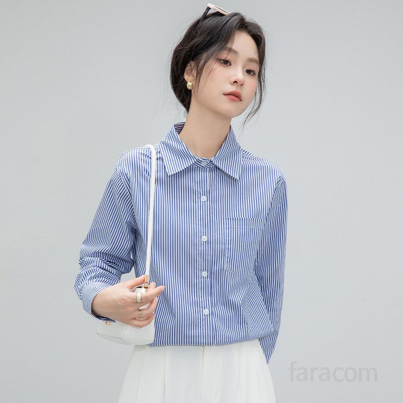 여성 스트라이프 긴팔 셔츠 얇고 루즈한 폴로 칼라 캐주얼한 여름 데일리 스타일 시원한 착용감 편안한 외출용 - 상세 이미지 5