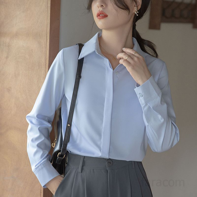 여성 링클프리 긴팔 셔츠 출퇴근용 화이트 블라우스 세련된 디자인 여름용 편안한 착용감 구김없는 셔츠 스타일리시한 데일리룩 - 상세 이미지 5