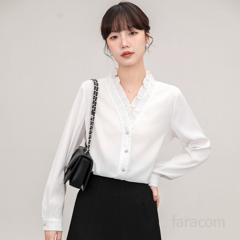 여성 화이트 셔츠 코튼 V넥 블라우스 봄 여름 데일리 스타일 시원한 착용감 통근용 캐주얼 탑 고급스러운 디자인 - 상세 이미지 4