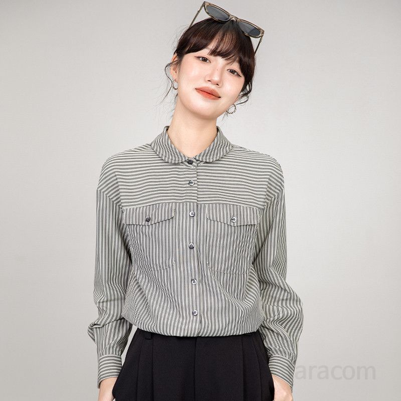 여성 블랙 스트라이프 셔츠 봄 가을용 루즈핏 클래식한 스타일 구김없는 캐주얼 출퇴근용 편안한 착용감 데일리 여성의류 - 상세 이미지 2