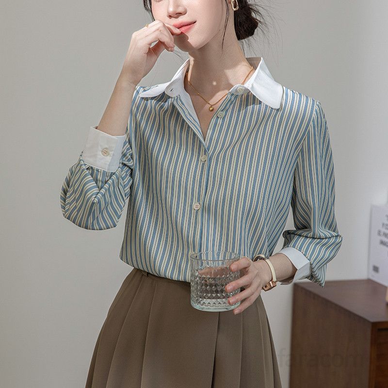 여성 긴팔 스트라이프 셔츠 봄 여름 캐주얼 코튼 남방 시원한 착용감 데일리 스타일 세련된 디자인 편안한 외출용 - 상세 이미지 2