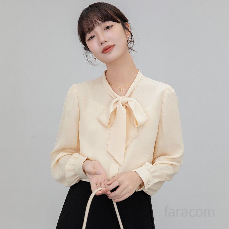 화이트 여성 리본블라우스 쉬폰 셔츠 프렌치 스타일 여름 가을 면접룩 데일리 패션 오피스룩 모던한 디자인 - 상세 이미지 5