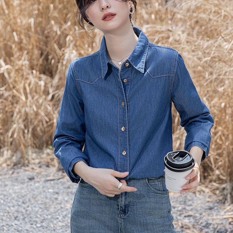 여성 루즈핏 데님 셔츠 심플한 디자인의 올매치 캐주얼 긴팔 탑 봄 여름용 스타일리시한 외출룩 편안한 착용감 데일리 패션 아이템 - 상세 이미지 2