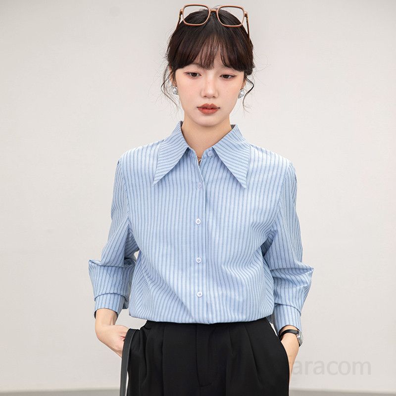 여성 스트라이프 루즈핏 셔츠 봄 가을 데일리 블라우스 구김없는 캐주얼 옥스포드 스타일 통근용 편안한 착용감 모던한 패션 아이템 - 상세 이미지 3