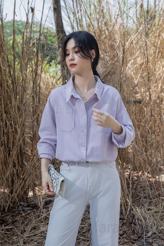 여성 데님 긴팔 셔츠 초가을용 타로 퍼플 캐주얼 아우터 한국 스타일 편안한 착용감 데일리룩 활용 패션 아이템 모던한 디자인 - 상세 이미지 5
