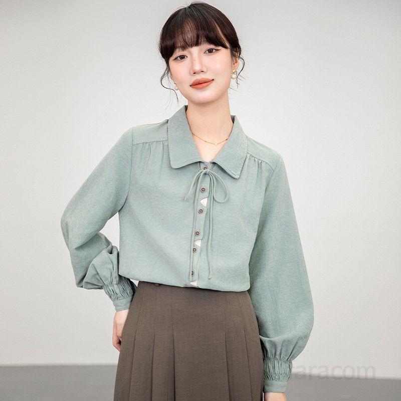 여성용 브러시드 긴팔 셔츠 빈티지 스타일 봄 가을 블라우스 세련된 디자인 데일리 룩 스타일링 쉬운 캐주얼 탑 편안한 착용감 모던한 패션 아이템 - 상세 이미지 2