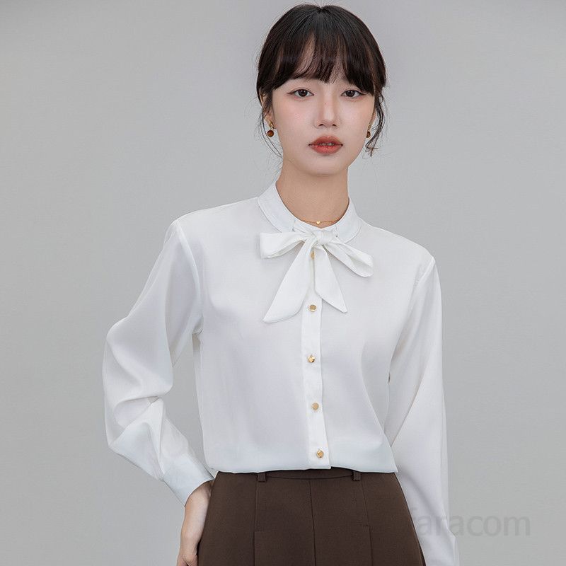 여성용 흰색 긴팔 셔츠 봄 가을 스타일 프렌치 나비넥타이 디자인 세련된 올매치 셔츠 데일리룩 고급스러운 분위기 연출 가능한 캐주얼 아이템 - 상품 이미지