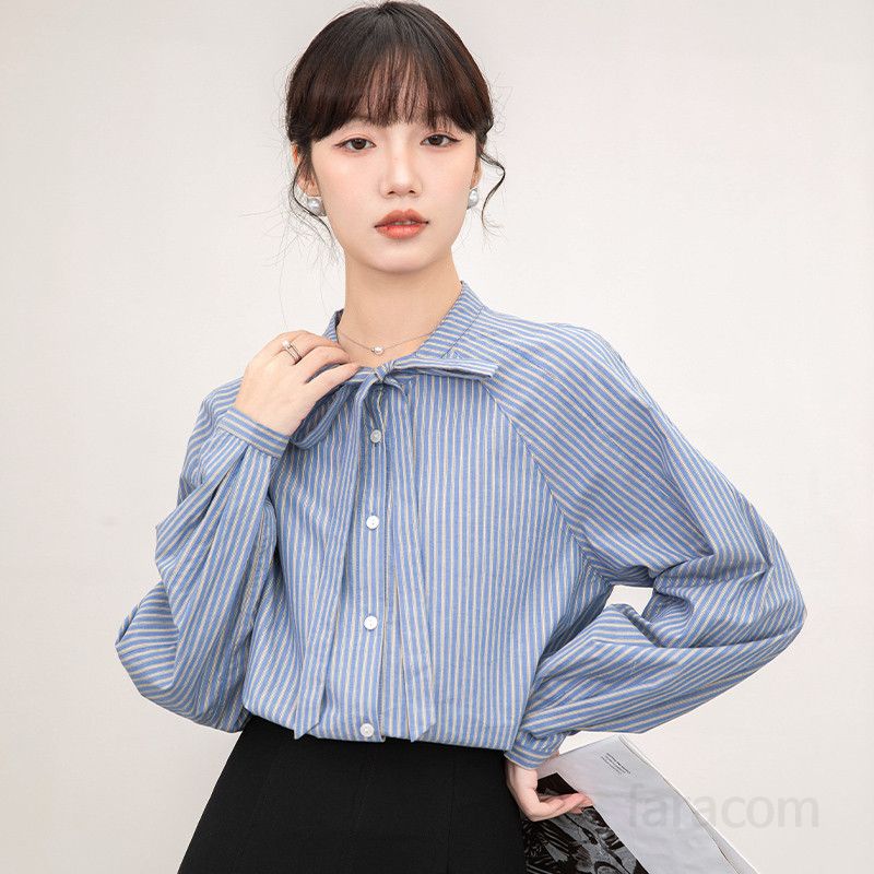 여성 슬림핏 레트로 스트라이프 셔츠 긴팔 레이스업 탑 세련된 블라우스 스타일 데일리 캐주얼 룩 봄 가을용 모던한 매력 - 상품 이미지