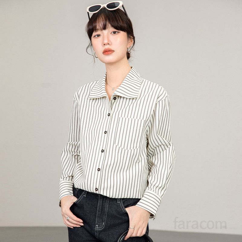 여성 스트라이프 셔츠 가을 신상 블루 세련된 긴팔 이너탑 출퇴근용 구김없는 편안한 데일리 셔츠 자켓 스타일 모던한 디자인 여성의류 - 상세 이미지 4