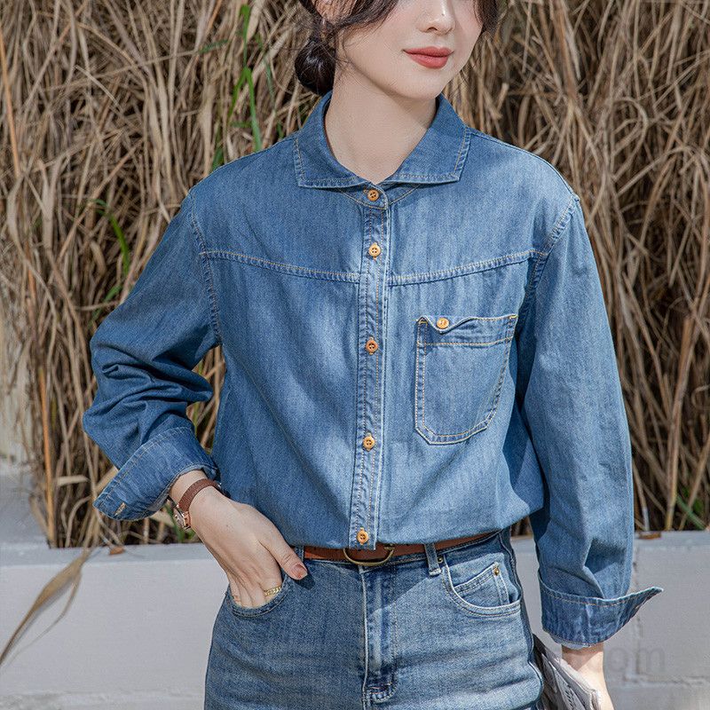 여성 데님 셔츠 봄가을 레이어드 가능한 루즈핏 긴팔 캐주얼 스타일 홍콩 레트로 디자인 시원한 착용감 데일리룩 - 상세 이미지 4