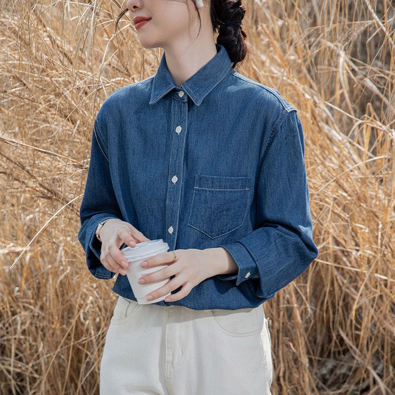 여성 데님 셔츠 루즈핏 긴팔 캐주얼 봄가을 레트로 홍콩 스타일 코튼 소재 편안한 일상 외출용 스타일링 모던한 디자인 - 상세 이미지 4