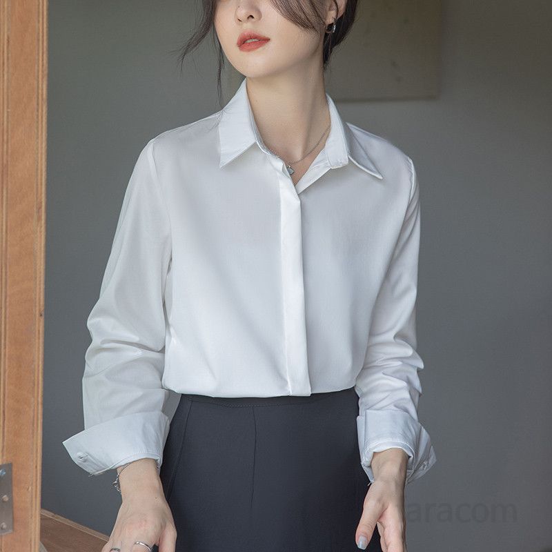 여성 새틴 화이트 셔츠 긴팔 구김없는 정장 출퇴근용 데일리룩 깔끔한 디자인 스타일리시한 작업복 봄여름용 편안한 착용감 링클프리 블라우스 - 상세 이미지 2