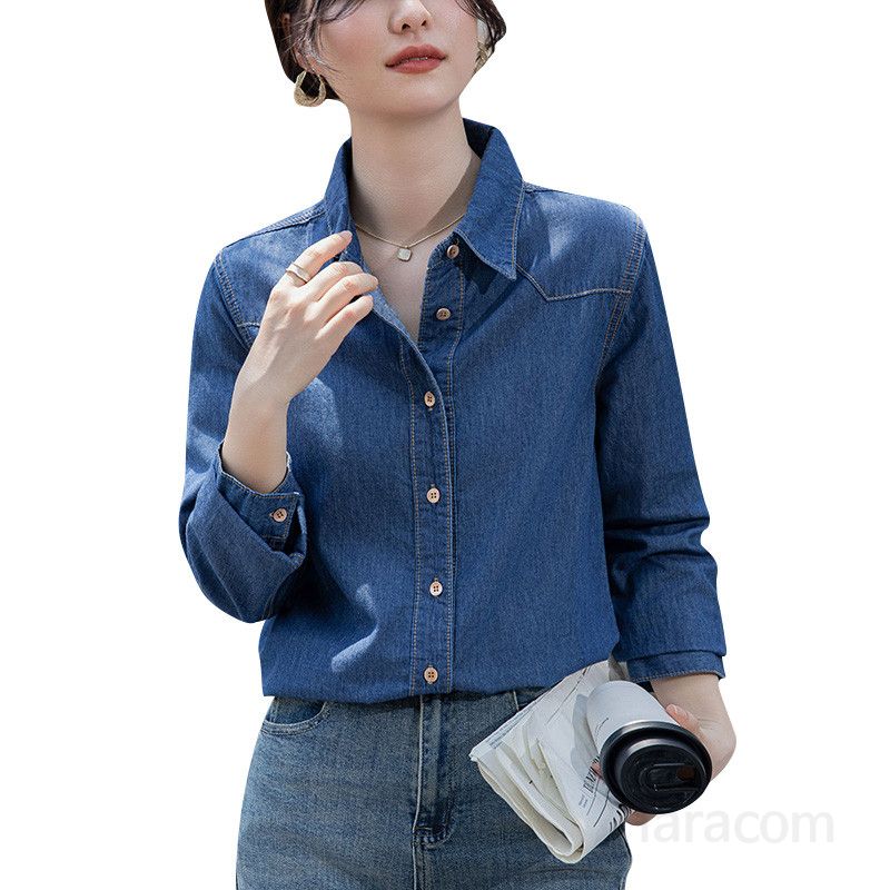 여성 루즈핏 데님 셔츠 심플한 디자인의 올매치 캐주얼 긴팔 탑 봄 여름용 스타일리시한 외출룩 편안한 착용감 데일리 패션 아이템 - 상세 이미지 5