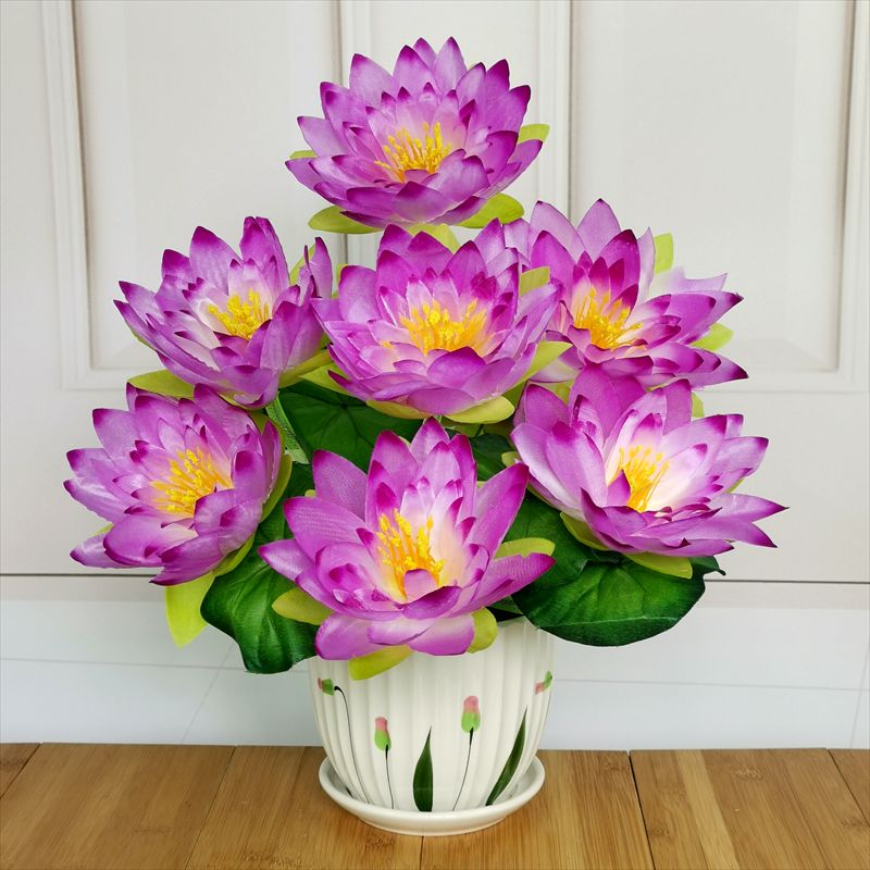 연꽃 조화 화분 불당 신당꽃 법당 45cm 수련 신당 거실 크리스탈연꽃보라+물방울도자기화분 - 메인 이미지