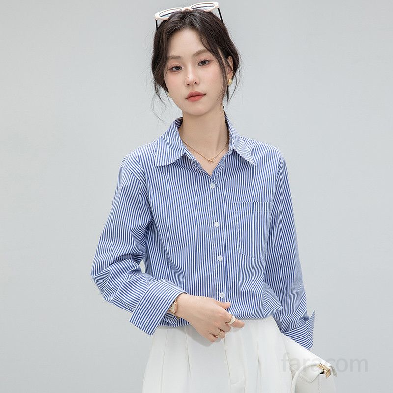 여성 스트라이프 긴팔 셔츠 얇고 루즈한 폴로 칼라 캐주얼한 여름 데일리 스타일 시원한 착용감 편안한 외출용 - 상품 이미지