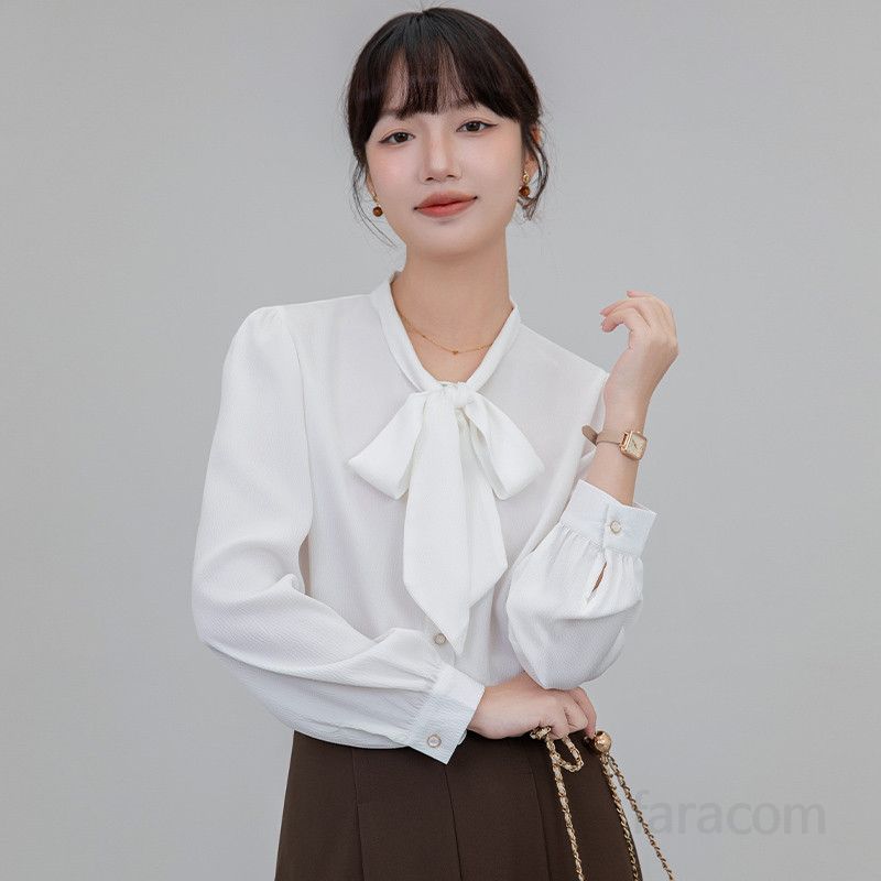 화이트 여성 리본블라우스 쉬폰 셔츠 프렌치 스타일 여름 가을 면접룩 데일리 패션 오피스룩 모던한 디자인 - 상세 이미지 3