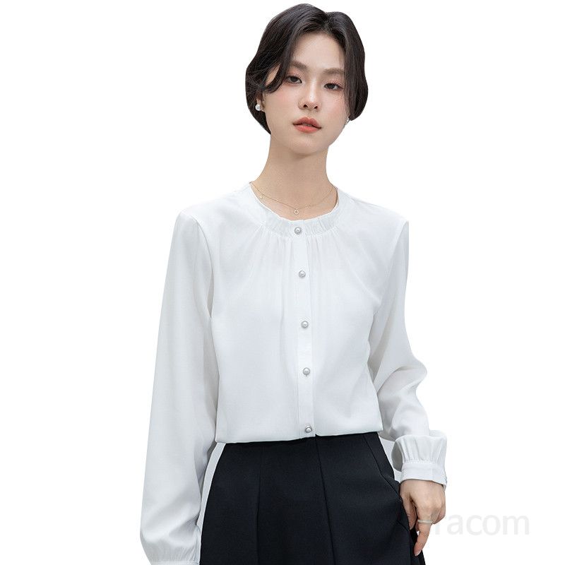 여성 라운드넥 러플 블라우스 루즈핏 긴팔 우아한 봄 가을 데일리 셔츠 스타일리시한 통근용 캐주얼룩 하객룩 모던한 디자인 - 상세 이미지 5