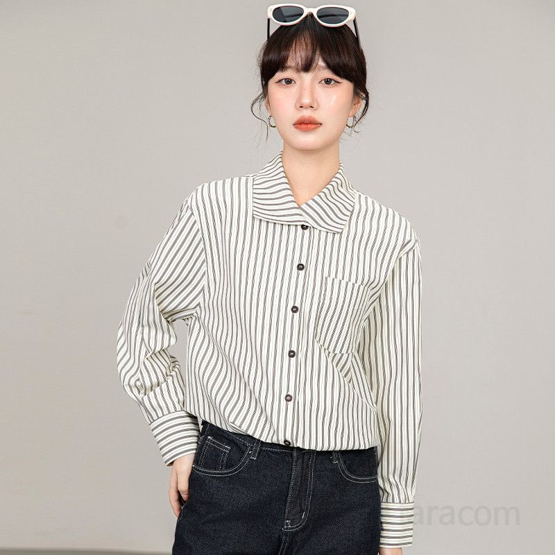 여성 스트라이프 셔츠 가을 신상 블루 세련된 긴팔 이너탑 출퇴근용 구김없는 편안한 데일리 셔츠 자켓 스타일 모던한 디자인 여성의류 - 상세 이미지 2