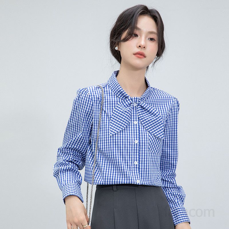 여성 고급 레이스 긴팔 셔츠 프렌치 스타일 블라우스 봄 가을 데일리 루즈핏 캐주얼 착용감 편안한 빈티지 감성 코디 가능한 플레드 디자인 - 상세 이미지 2