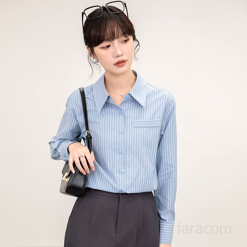 여성 스트라이프 셔츠 가을 긴팔 루즈핏 스타일 구김없는 캐주얼 데일리 이너탑 출퇴근용 시원한 착용감 블루 셔츠형 자켓 여성의류 패션 - 상품 이미지