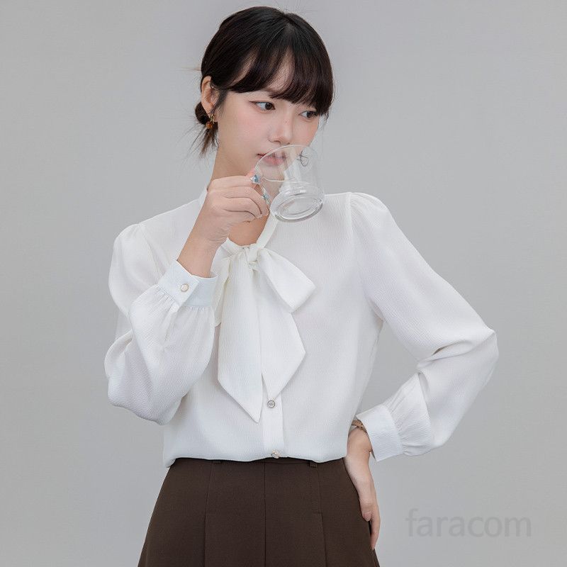 화이트 여성 리본블라우스 쉬폰 셔츠 프렌치 스타일 여름 가을 면접룩 데일리 패션 오피스룩 모던한 디자인 - 상품 이미지