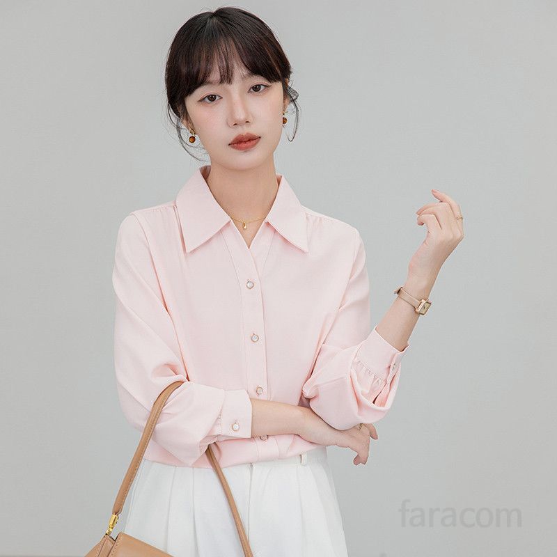 여성 루즈핏 긴팔 셔츠 핑크 출퇴근용 프랑스 디자인 구김없는 편안한 데일리룩 스타일링 쉬운 오피스룩 - 상세 이미지 2