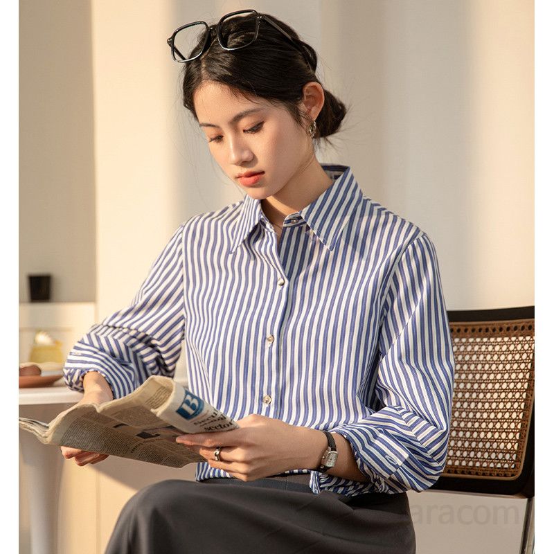 여성 스트라이프 긴팔 셔츠 여름용 얇고 시원한 폴로 칼라 루즈핏 캐주얼 스타일 데일리 오버핏 블라우스 - 상세 이미지 3