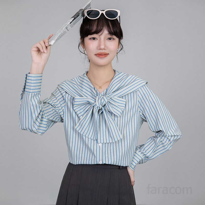 여성 루즈핏 스트라이프 셔츠 네이비 칼라 긴팔 프렌치 디자인 봄 스타일 구김없는 캐주얼 블라우스 데일리 패션 편안한 착용감 - 상세 이미지 3