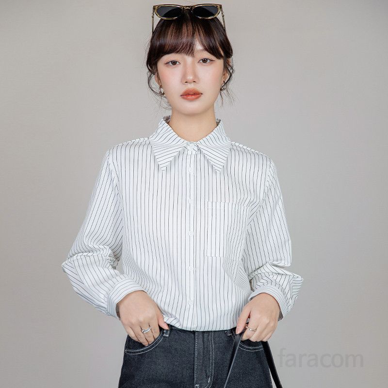 여성 스트라이프 셔츠 봄 출근용 루즈핏 코튼 탑 세로 패턴 구김없는 스타일리시한 데일리룩 편안한 착용감 레트로 패션 - 상세 이미지 2