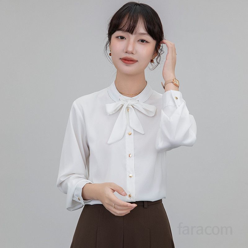 여성용 흰색 긴팔 셔츠 봄 가을 스타일 프렌치 나비넥타이 디자인 세련된 올매치 셔츠 데일리룩 고급스러운 분위기 연출 가능한 캐주얼 아이템 - 상세 이미지 2