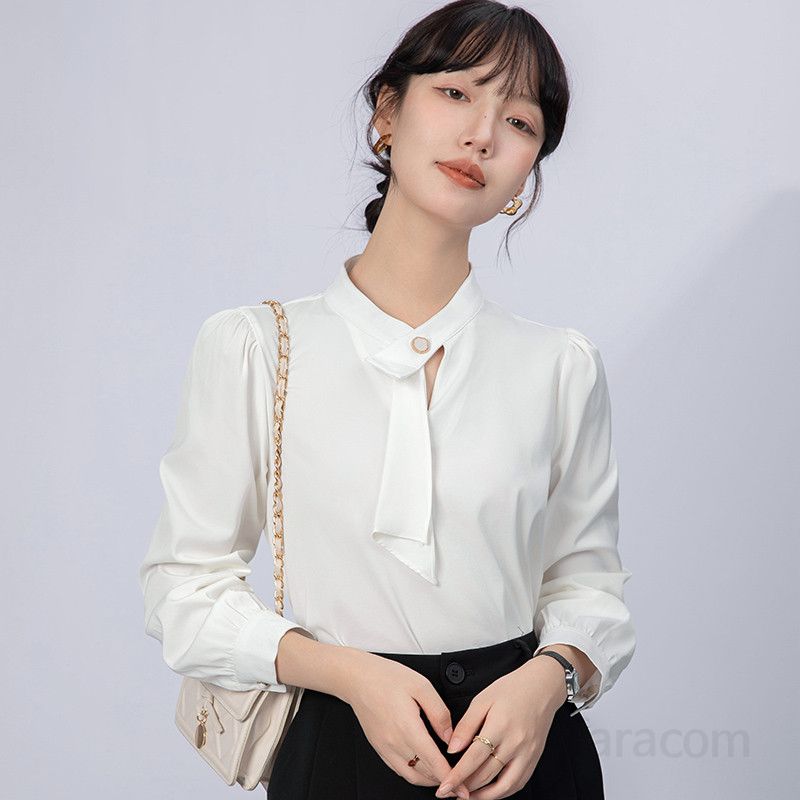리본 새틴 화이트 셔츠 여성 긴팔 블라우스 가을 고급스러운 통근용 스타일 데일리 이너웨어 편안한 착용감 시크한 디자인 - 상세 이미지 5