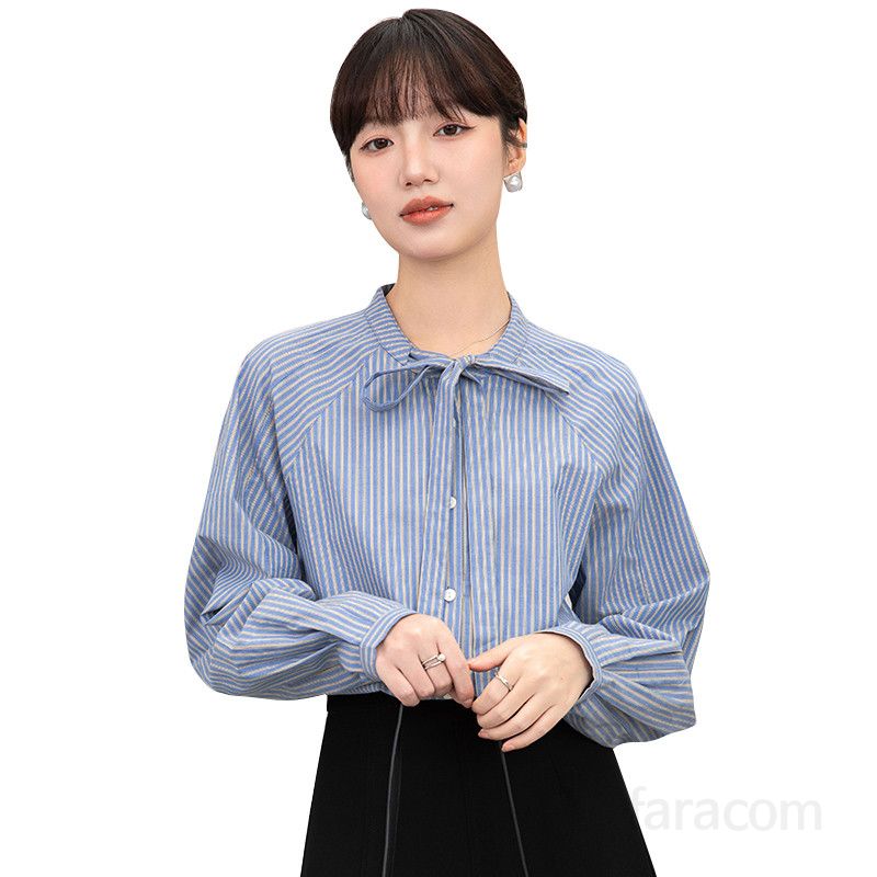 여성 슬림핏 레트로 스트라이프 셔츠 긴팔 레이스업 탑 세련된 블라우스 스타일 데일리 캐주얼 룩 봄 가을용 모던한 매력 - 상세 이미지 5