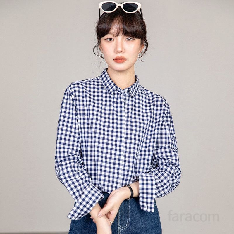 여성 긴팔 코튼 셔츠 파란색 체크 패턴 스타일리시한 세련된 디자인 캐주얼한 기질 편안한 착용감 데일리 간절기용 상의 - 상세 이미지 3