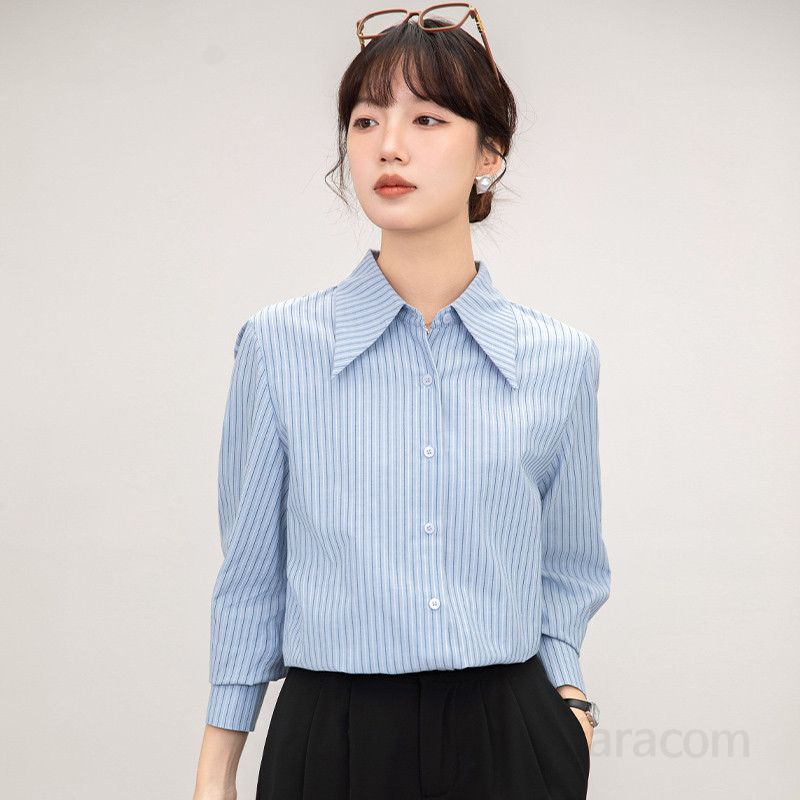 여성 스트라이프 루즈핏 셔츠 봄 가을 데일리 블라우스 구김없는 캐주얼 옥스포드 스타일 통근용 편안한 착용감 모던한 패션 아이템 - 상세 이미지 4