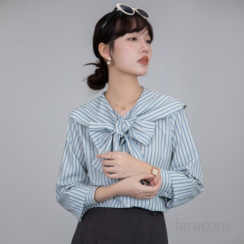 여성 루즈핏 스트라이프 셔츠 네이비 칼라 긴팔 프렌치 디자인 봄 스타일 구김없는 캐주얼 블라우스 데일리 패션 편안한 착용감 - 상품 이미지