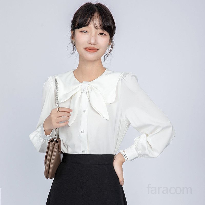 리본타이 새틴 화이트 블라우스 여성용 루즈핏 긴팔 가을 데일리 스타일 통근용 우아한 디자인 편안한 착용감 - 상품 이미지
