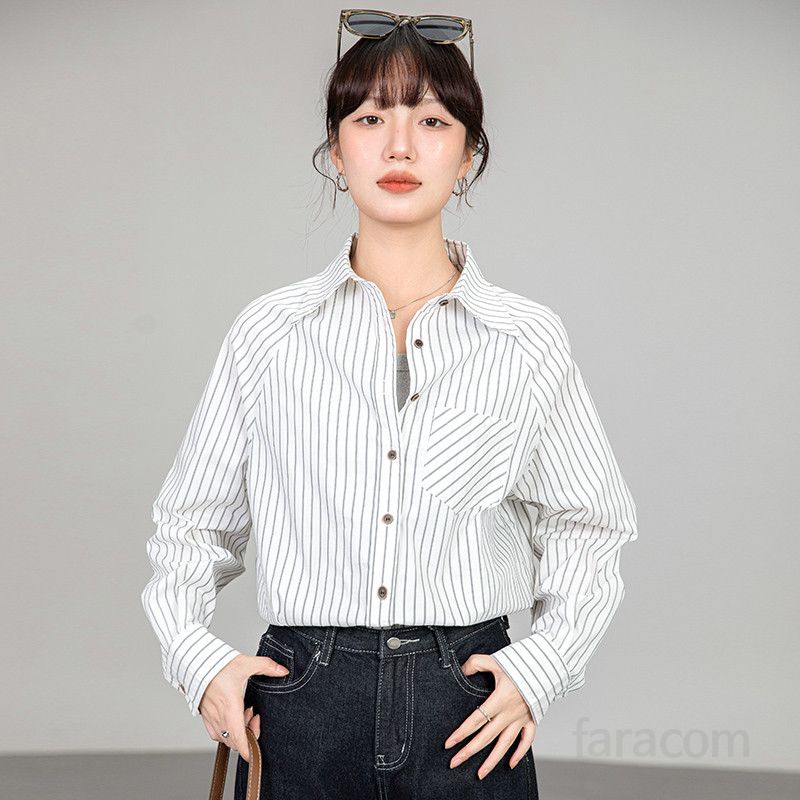 여성 스트라이프 긴팔 셔츠 가을 캐주얼 슬림핏 코튼 남방 데일리 오버핏 스타일 구김없는 편안한 착용감 다용도 디자인 - 상세 이미지 4