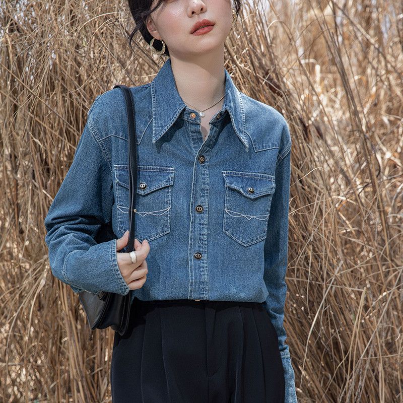 여성 데님셔츠 레트로 홍콩 스타일 루즈핏 긴팔 봄가을 캐주얼 레이어드 청남방 시원한 코튼 소재 편안한 착용감 모던한 디자인 - 상세 이미지 4