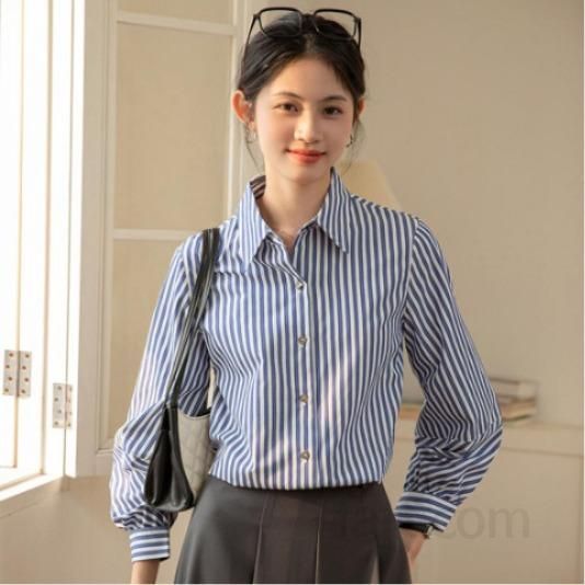여성 스트라이프 긴팔 셔츠 여름용 얇고 시원한 폴로 칼라 루즈핏 캐주얼 스타일 데일리 오버핏 블라우스 - 상품 이미지