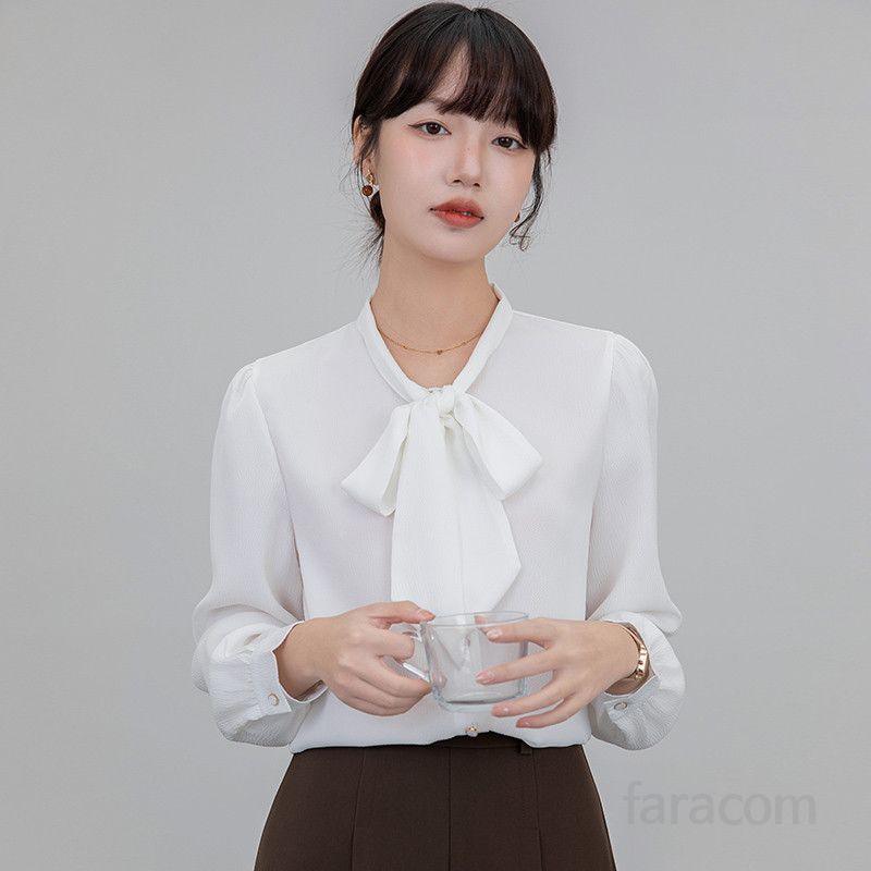 화이트 여성 리본블라우스 쉬폰 셔츠 프렌치 스타일 여름 가을 면접룩 데일리 패션 오피스룩 모던한 디자인 - 상세 이미지 2