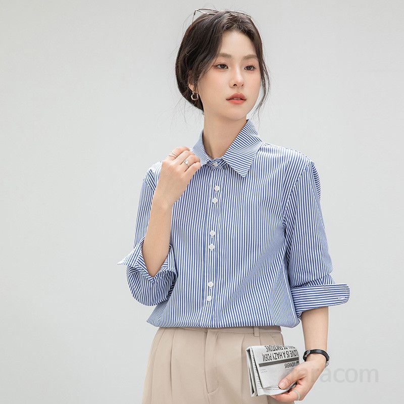 여성 스트라이프 셔츠 긴팔 캐주얼 루즈핏 봄 가을 데일리 시원한 착용감 블라우스 코디 쉬운 편안한 외출용 스타일리시한 디자인 - 상세 이미지 4
