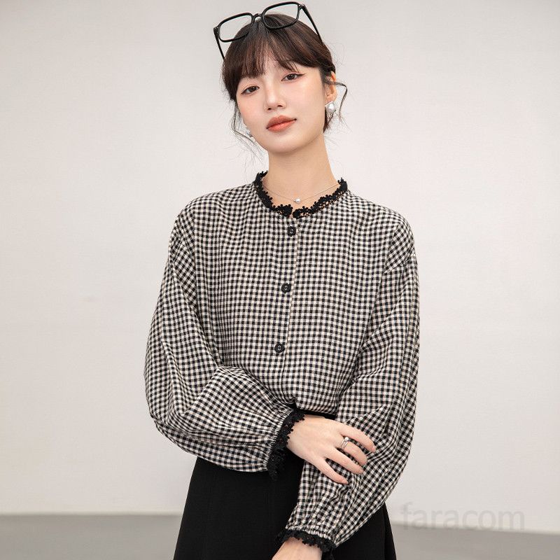 여성 체크 긴팔셔츠 가을 캐주얼 오버핏 스타일 편안한 코튼 느낌 데일리룩 시크한 디자인 패션 아이템 - 상품 이미지
