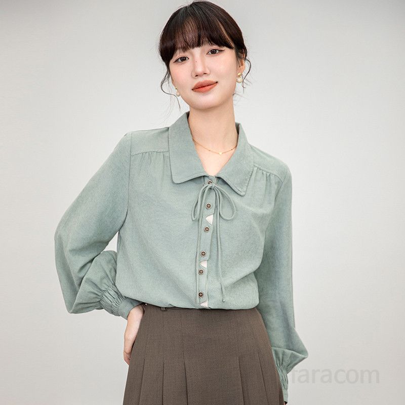여성용 브러시드 긴팔 셔츠 빈티지 스타일 봄 가을 블라우스 세련된 디자인 데일리 룩 스타일링 쉬운 캐주얼 탑 편안한 착용감 모던한 패션 아이템 - 상세 이미지 4