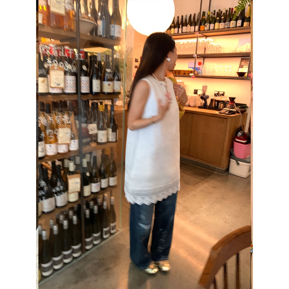 라운드넥 자수포인트 미디원피스 밑단레이스 고급 리넨100 레이어드 빈티지 봄여름 화이트 - 상세 이미지 5