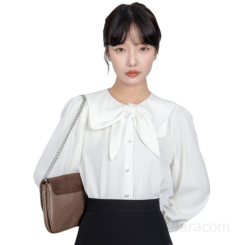 리본타이 새틴 화이트 블라우스 여성용 루즈핏 긴팔 가을 데일리 스타일 통근용 우아한 디자인 편안한 착용감 - 상세 이미지 5