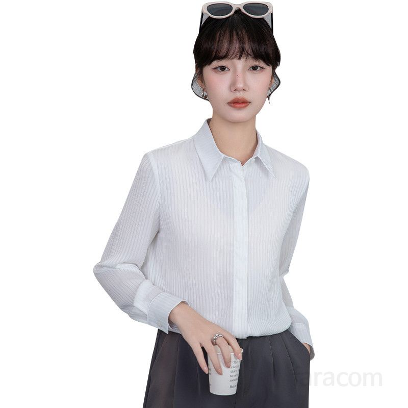 여성 새틴 스트라이프 셔츠 긴팔 드레이프 디자인 봄 여름용 캐주얼 데일리 블라우스 시원한 착용감 고급스러운 스타일 - 상세 이미지 5